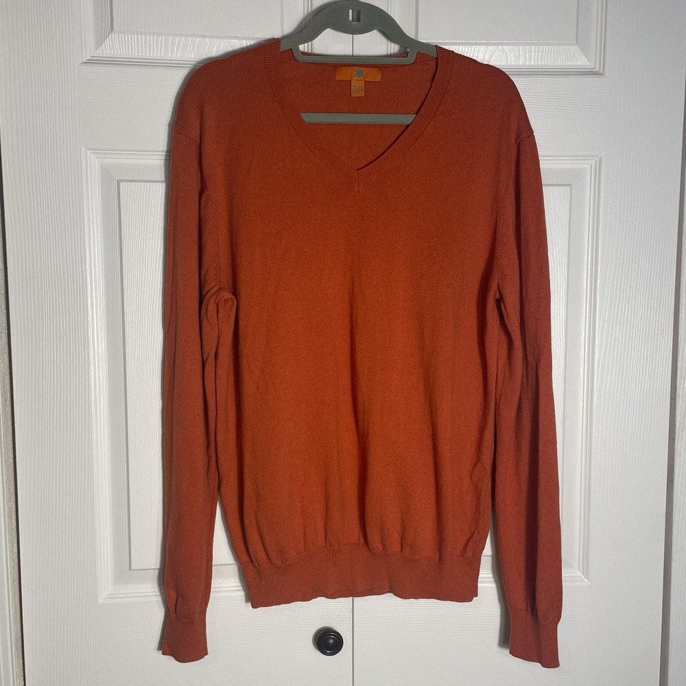Prana Sweater Mens Large Orange V Neck Knit Cashmere Blend Pullover Long Sleeve‎